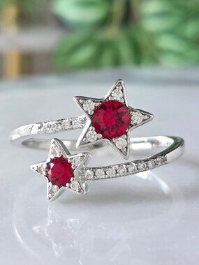 Red Ruby Star Ring with Swarovski Crystals, Celestial Theme
